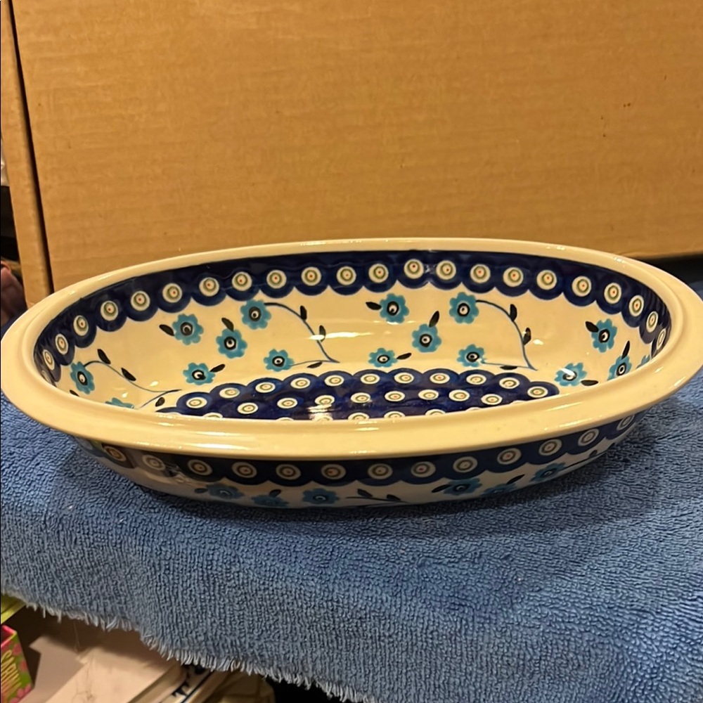 Polish Pottery Floral Blue and White Ceramic Bowl
